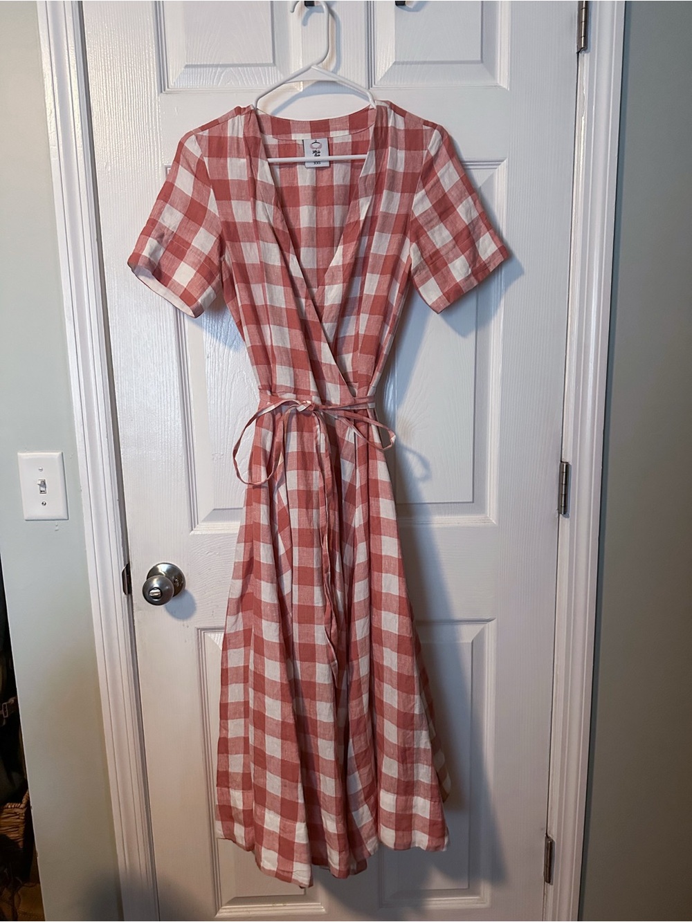 Son de Flor Pink and White Gingham Wrap Linen Midi Dress XXS